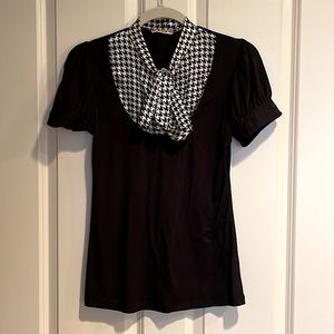 Black Cotton & Satin Houndstooth Tie Bow Blouse 🖤 🎀 🤍 Vintage ✨ A+++ Quality
